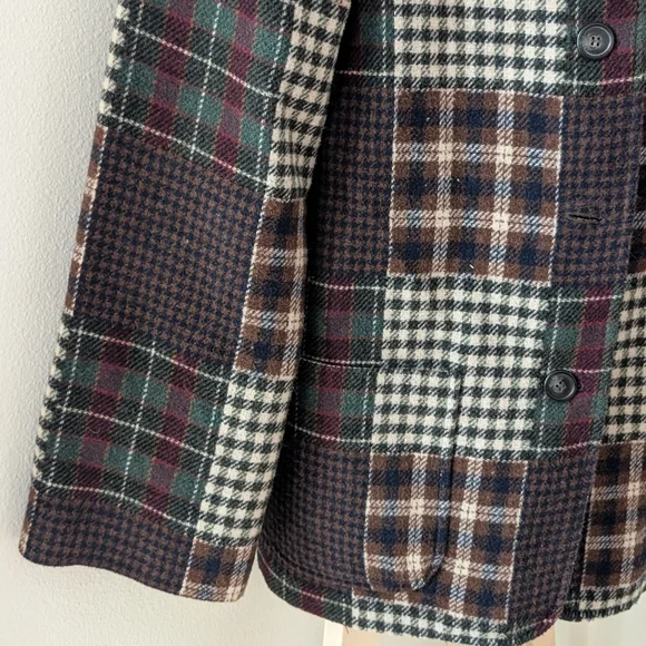 Vintage Wool Plaid Patchwork Button Up Jacket In Burgundy/Brown/Navy
